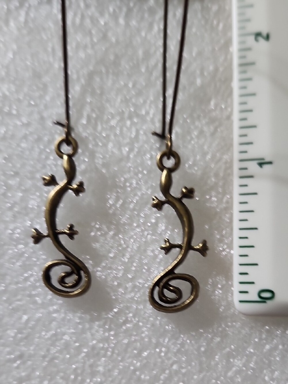 Hand Crafted Antique Bronze Tone Lizard Drop Earrings - Picture 4 of 5